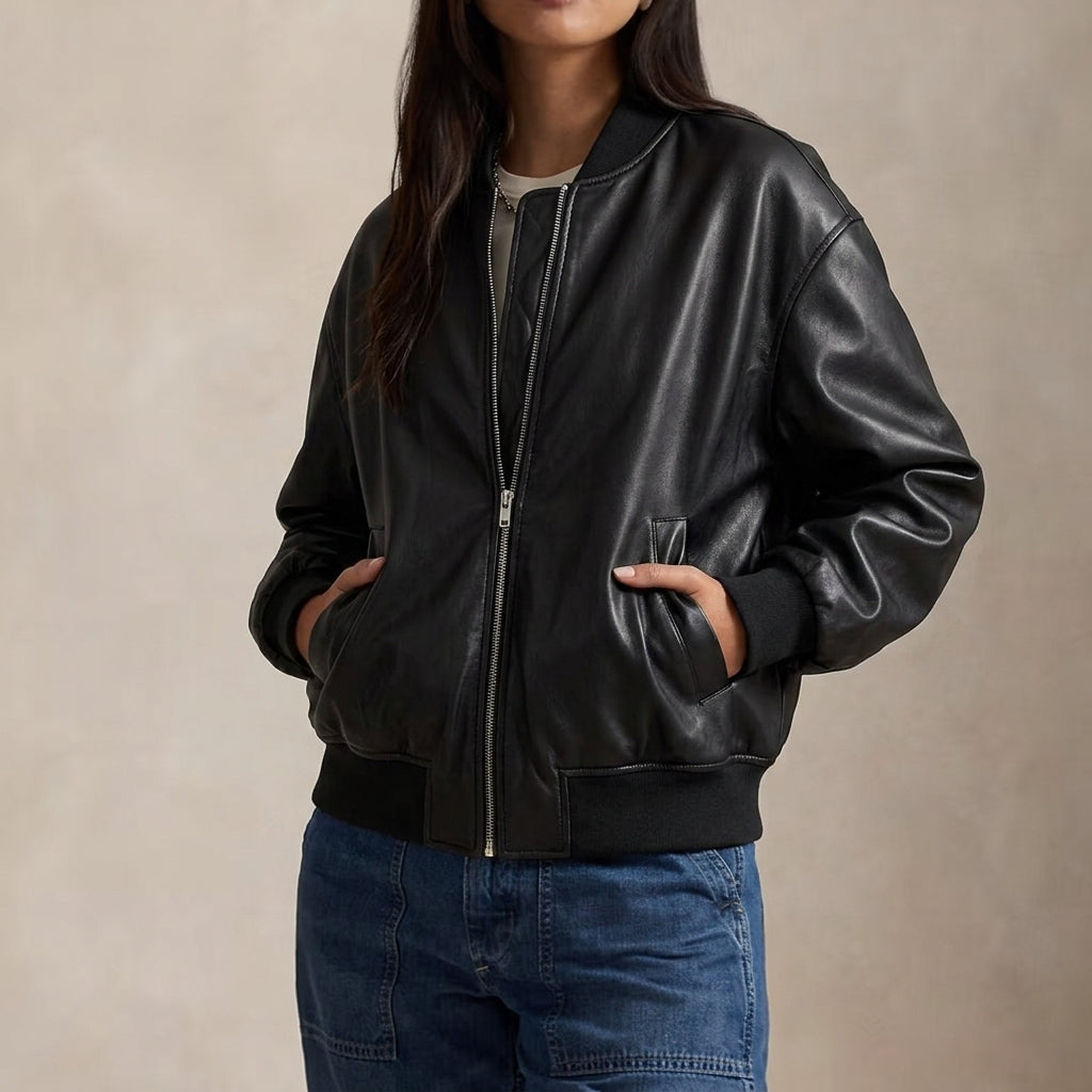 Jolie | Collared Zip Up Pocket Faux Leather Ribbed Hem Autumn Oversized Bomber Jacket Women