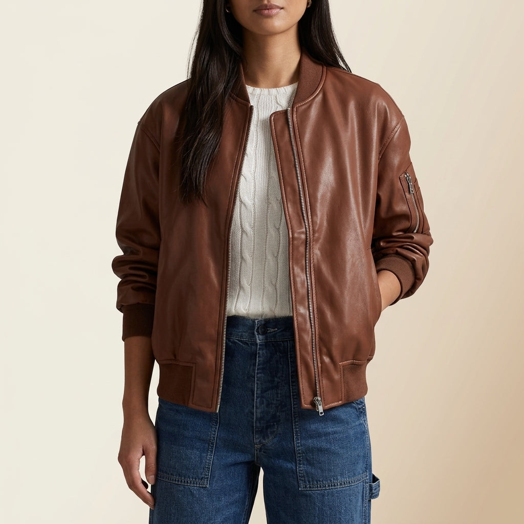 Jolie | Collared Zip Up Pocket Faux Leather Ribbed Hem Autumn Oversized Bomber Jacket Women