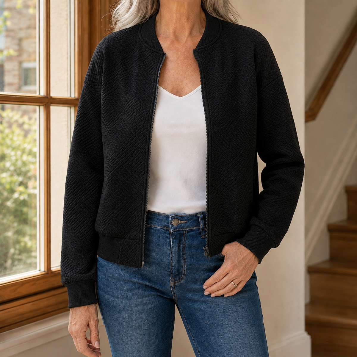 Cerys | Quilted Collared Zip Up Jersey Oversized Autumn Cropped Bomber Jacket Women