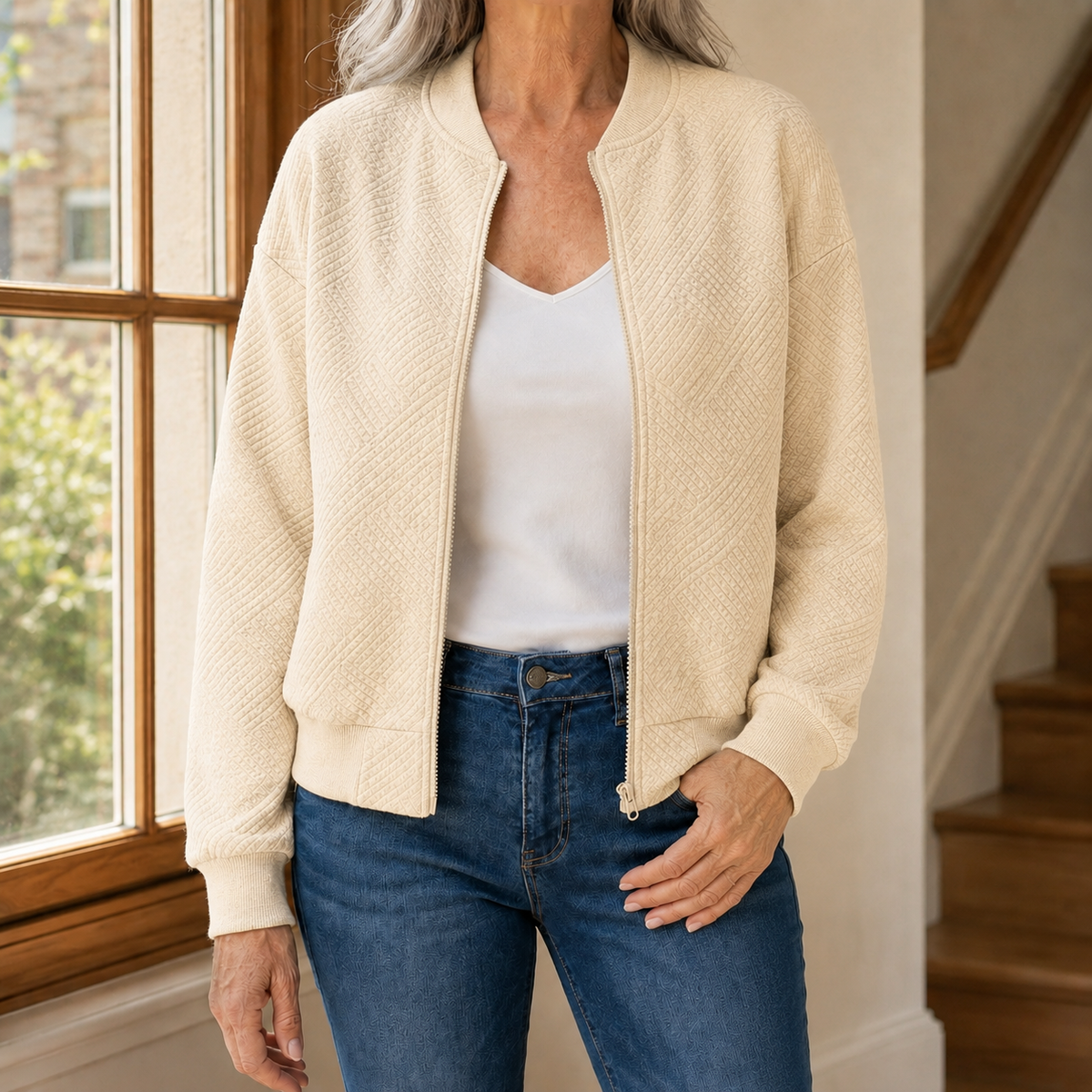Cerys | Quilted Collared Zip Up Jersey Oversized Autumn Cropped Bomber Jacket Women