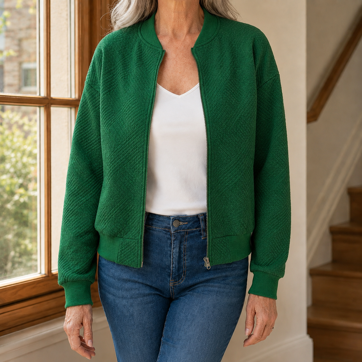 Cerys | Quilted Collared Zip Up Jersey Oversized Autumn Cropped Bomber Jacket Women