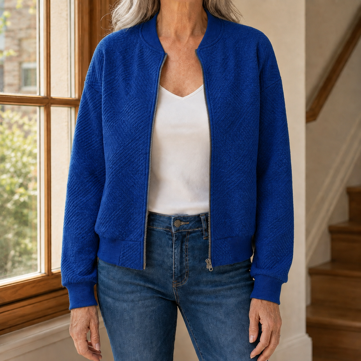 Cerys | Quilted Collared Zip Up Jersey Oversized Autumn Cropped Bomber Jacket Women