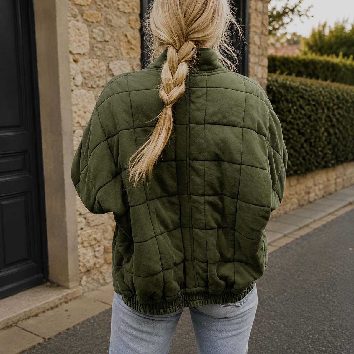 Cropped Quilted Puffer Jacket with Zip - Olive
