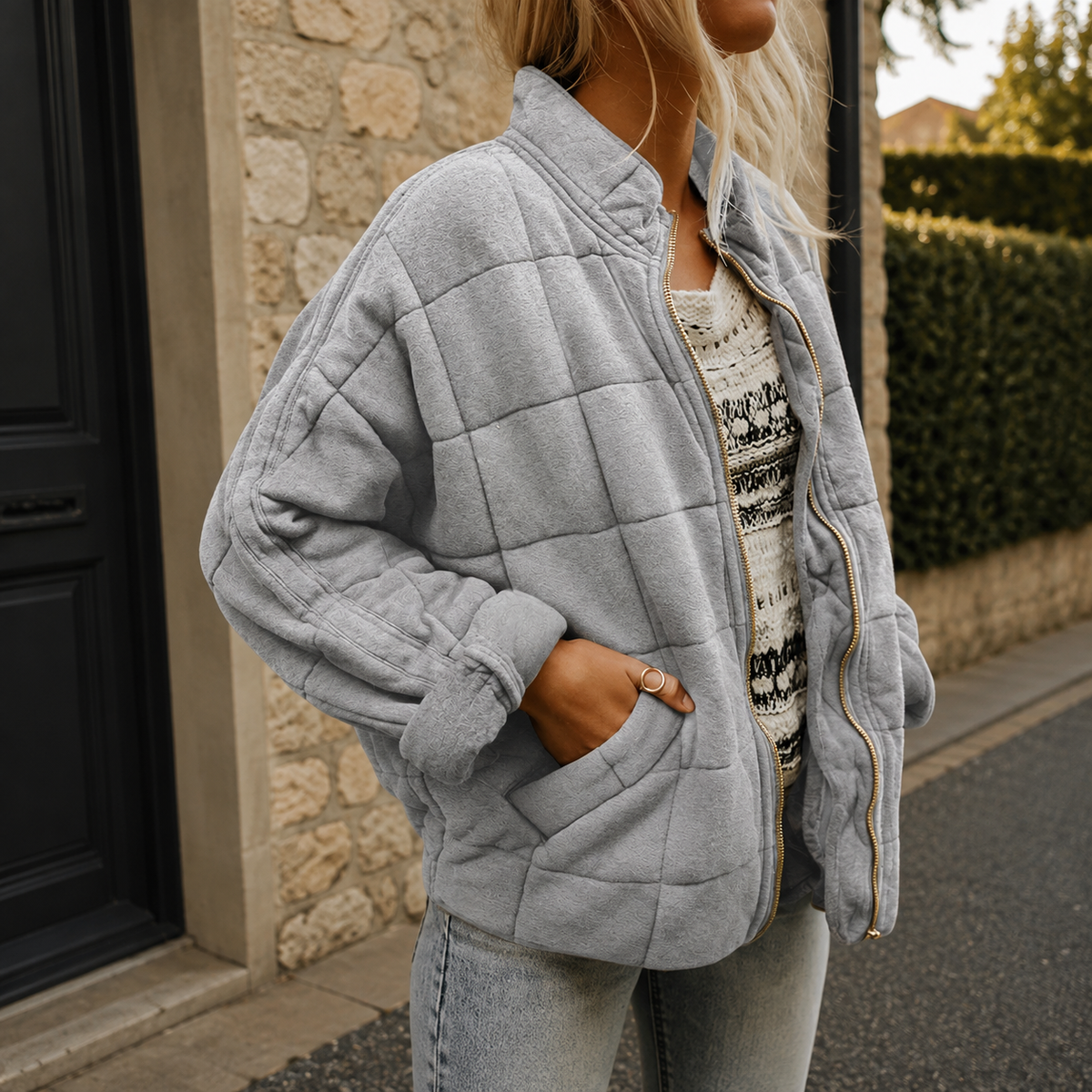 Cropped Quilted Puffer Jacket with Zip - Olive