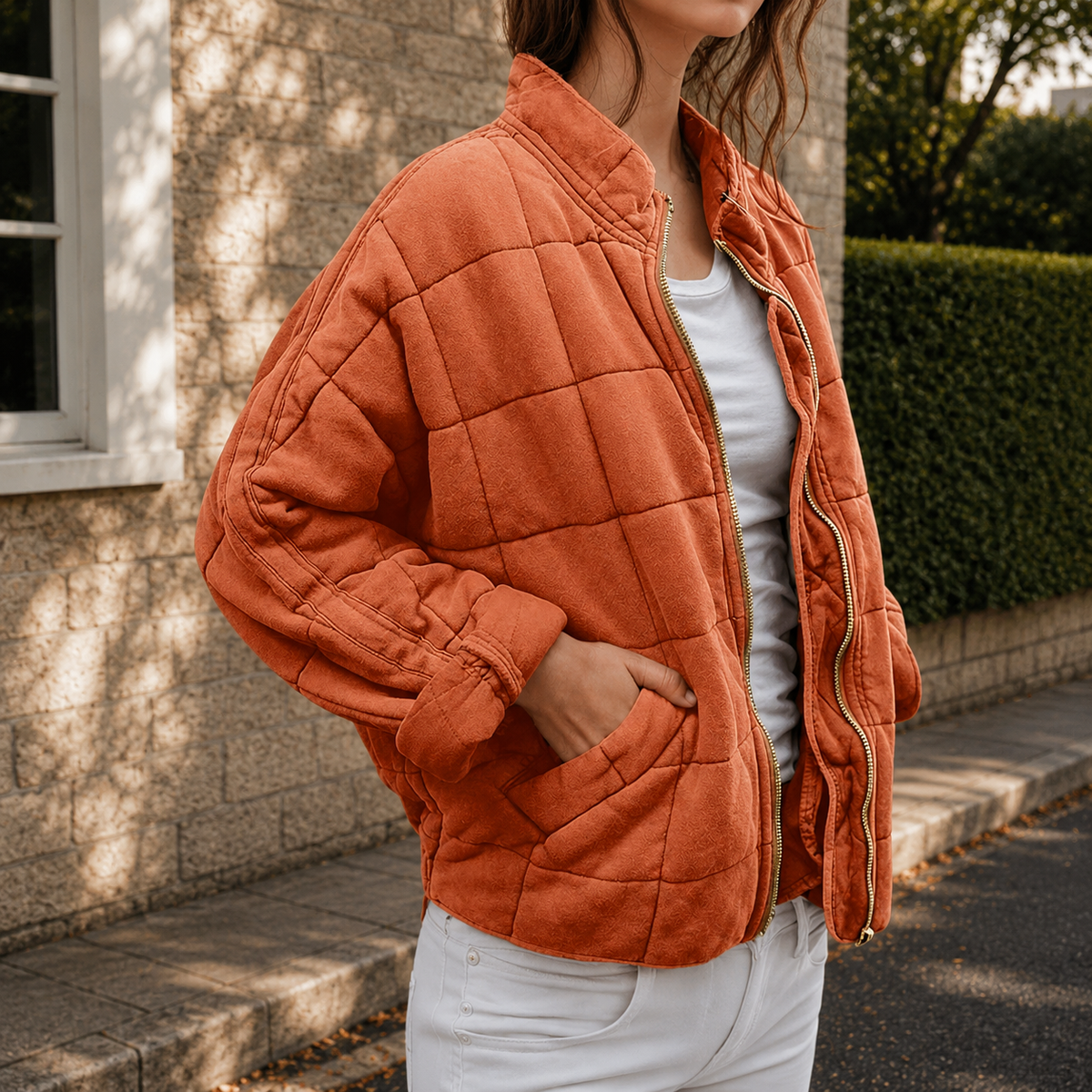 Cropped Quilted Puffer Jacket with Zip - Olive