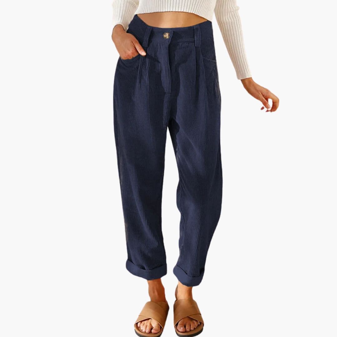 Kitty | High Waisted Pleated Corduroy Turn Up Cropped Pocket Autumn Tapered Trousers Women