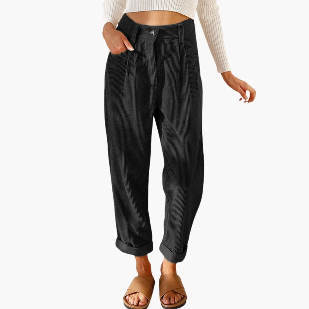 Kitty | High Waisted Pleated Corduroy Turn Up Cropped Pocket Autumn Tapered Trousers Women