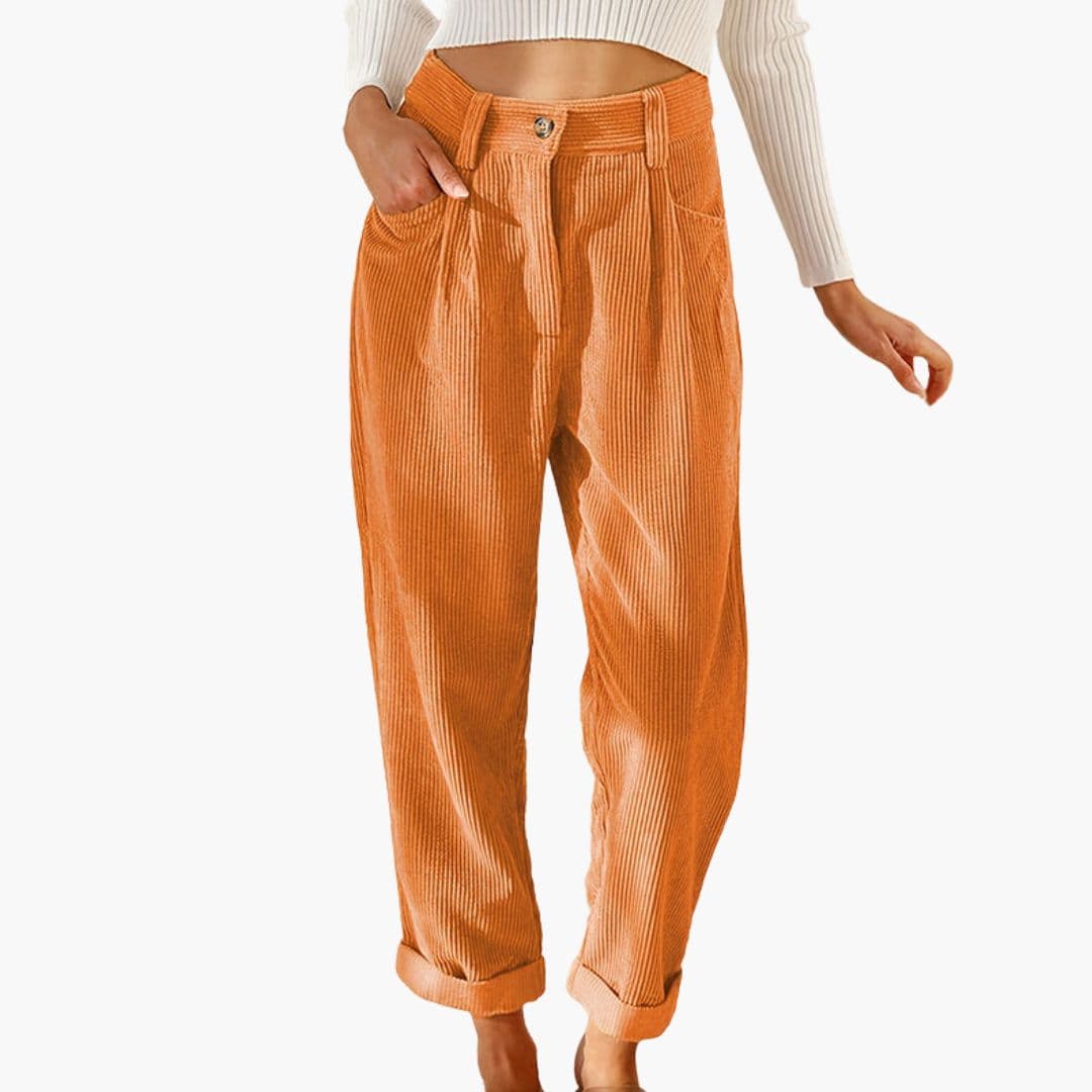 Kitty | High Waisted Pleated Corduroy Turn Up Cropped Pocket Autumn Tapered Trousers Women