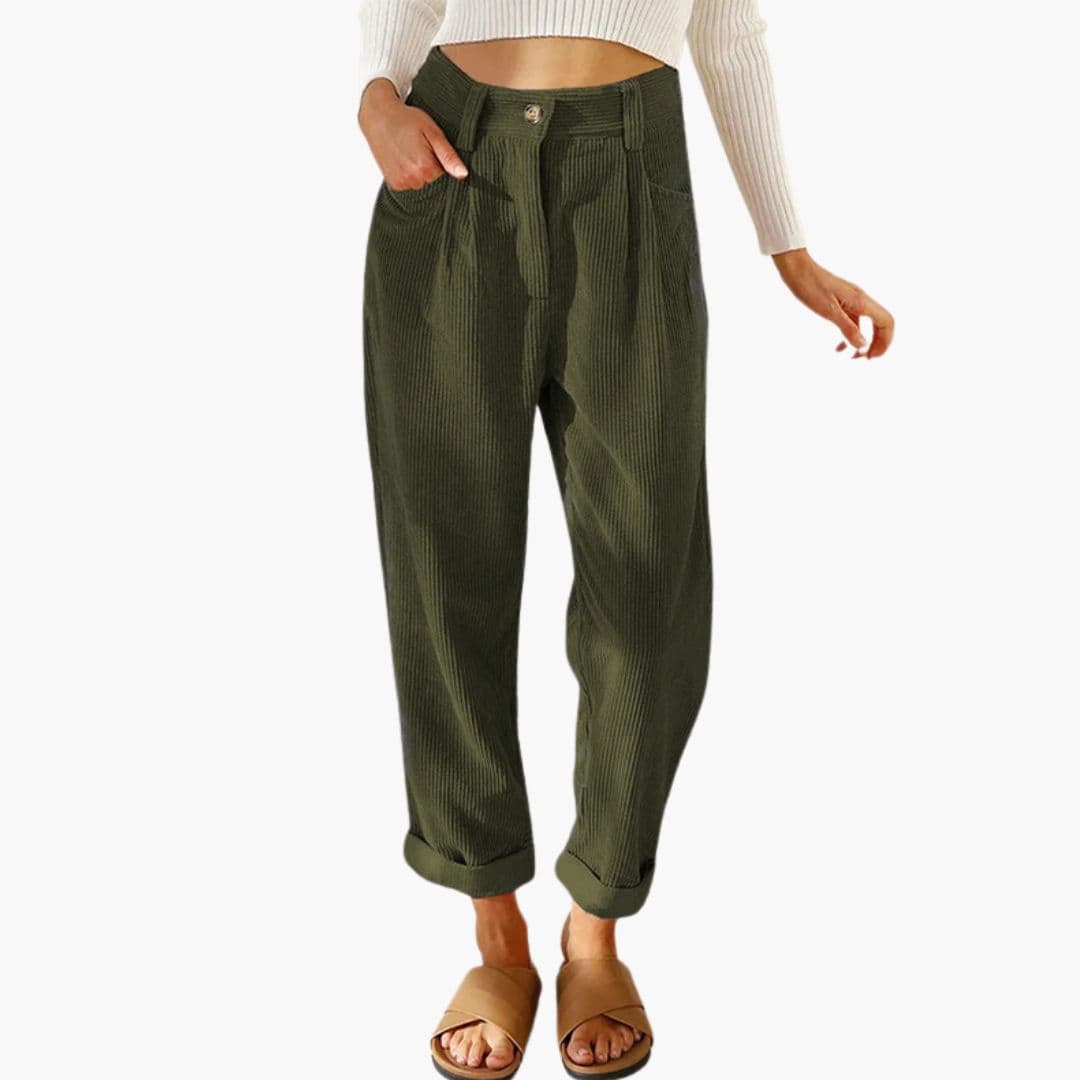 Kitty | High Waisted Pleated Corduroy Turn Up Cropped Pocket Autumn Tapered Trousers Women