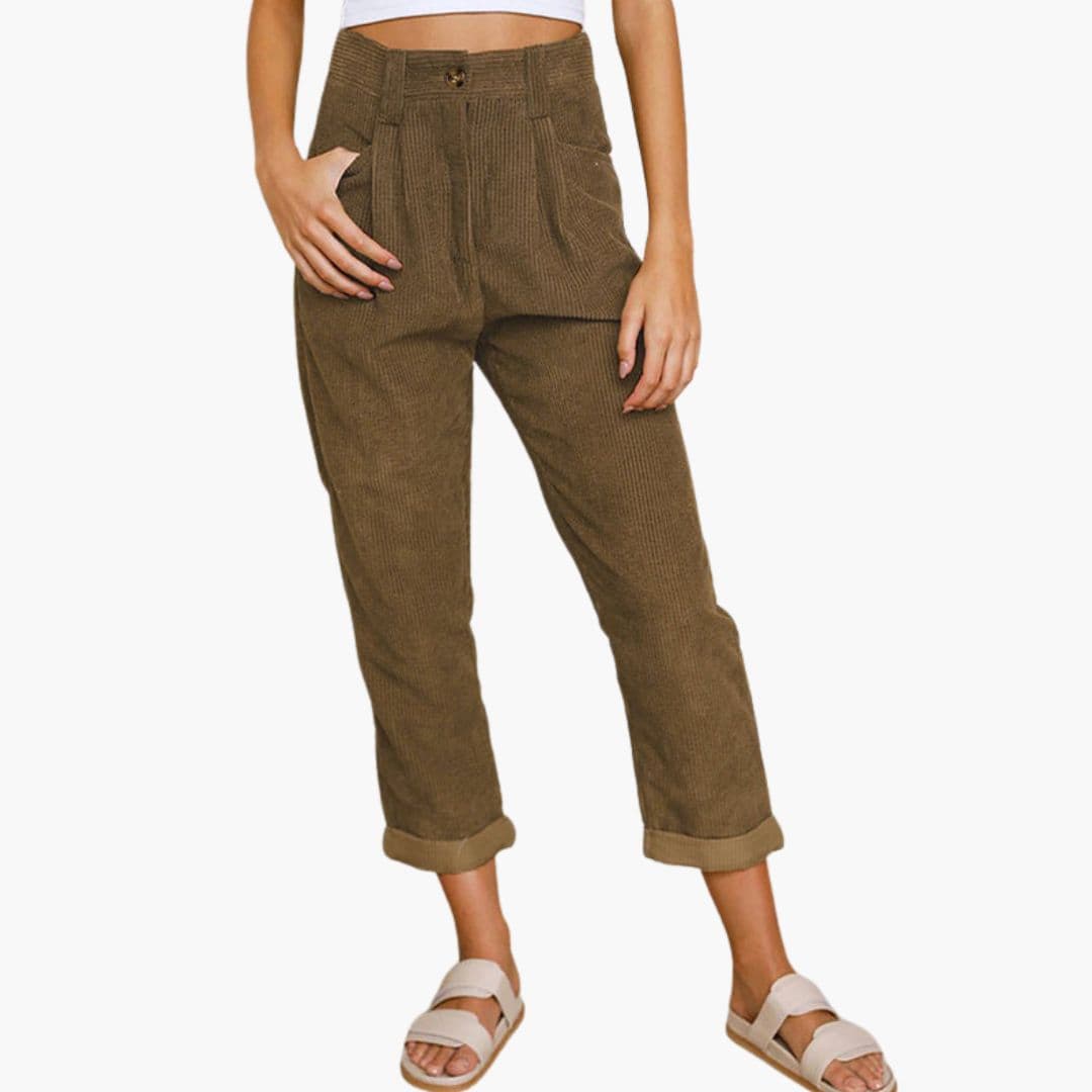 Kitty | High Waisted Pleated Corduroy Turn Up Cropped Pocket Autumn Tapered Trousers Women