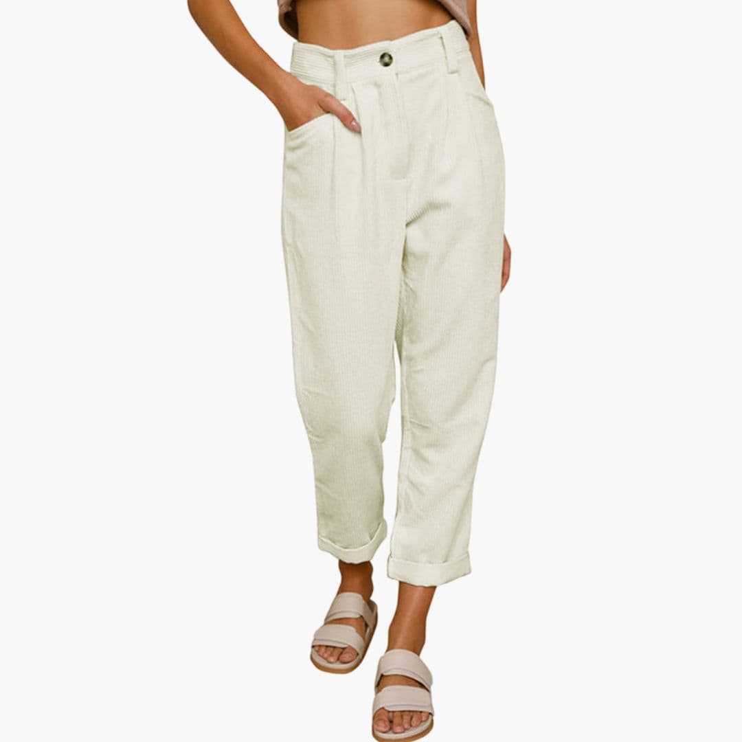 Kitty | High Waisted Pleated Corduroy Turn Up Cropped Pocket Autumn Tapered Trousers Women
