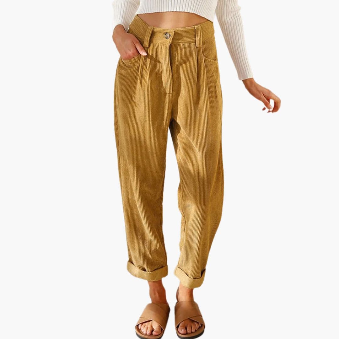 Kitty | High Waisted Pleated Corduroy Turn Up Cropped Pocket Autumn Tapered Trousers Women