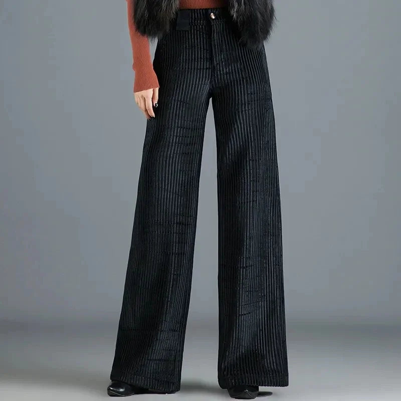Elodie | Striped High Waisted Pockets Button Zip Autumn Corduroy Wide Leg Trousers Women