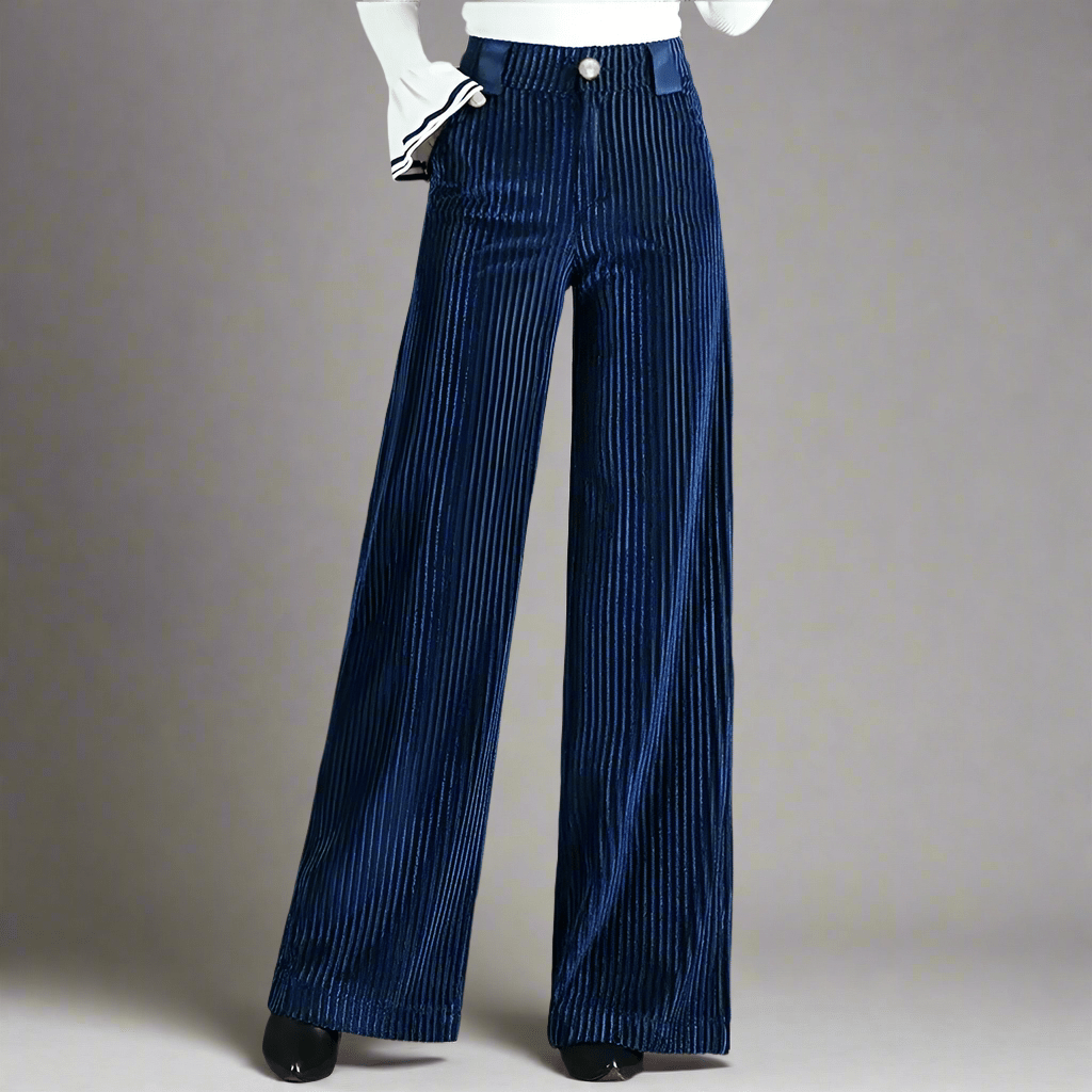 Elodie | Striped High Waisted Pockets Button Zip Autumn Corduroy Wide Leg Trousers Women