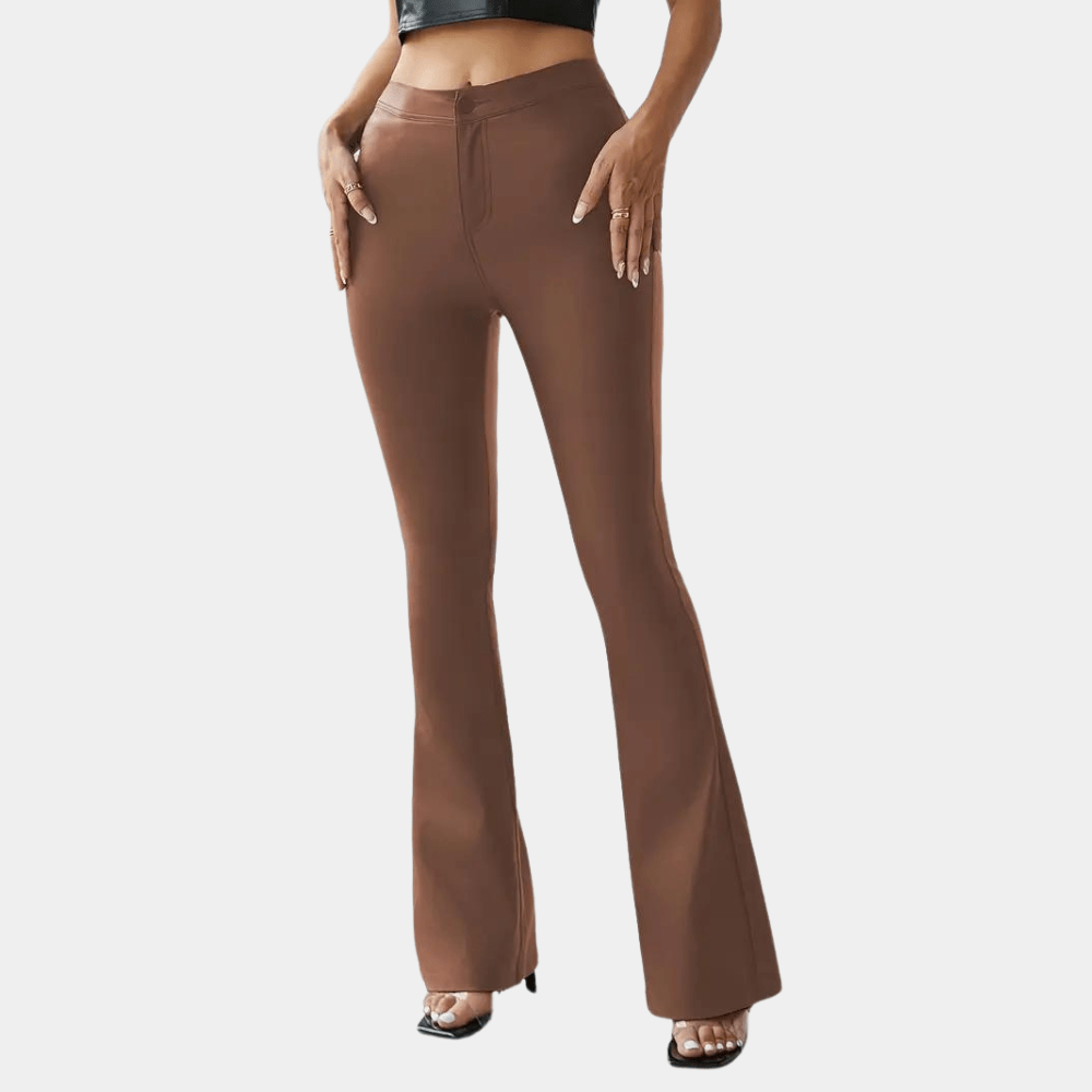 Ada | High Waisted Fitted Faux Leather Pockets Split Autumn Flared Trousers Women