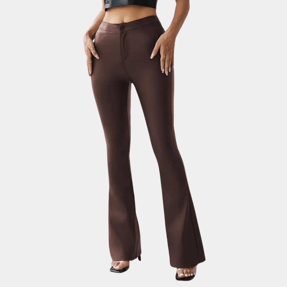 Ada | High Waisted Fitted Faux Leather Pockets Split Autumn Flared Trousers Women
