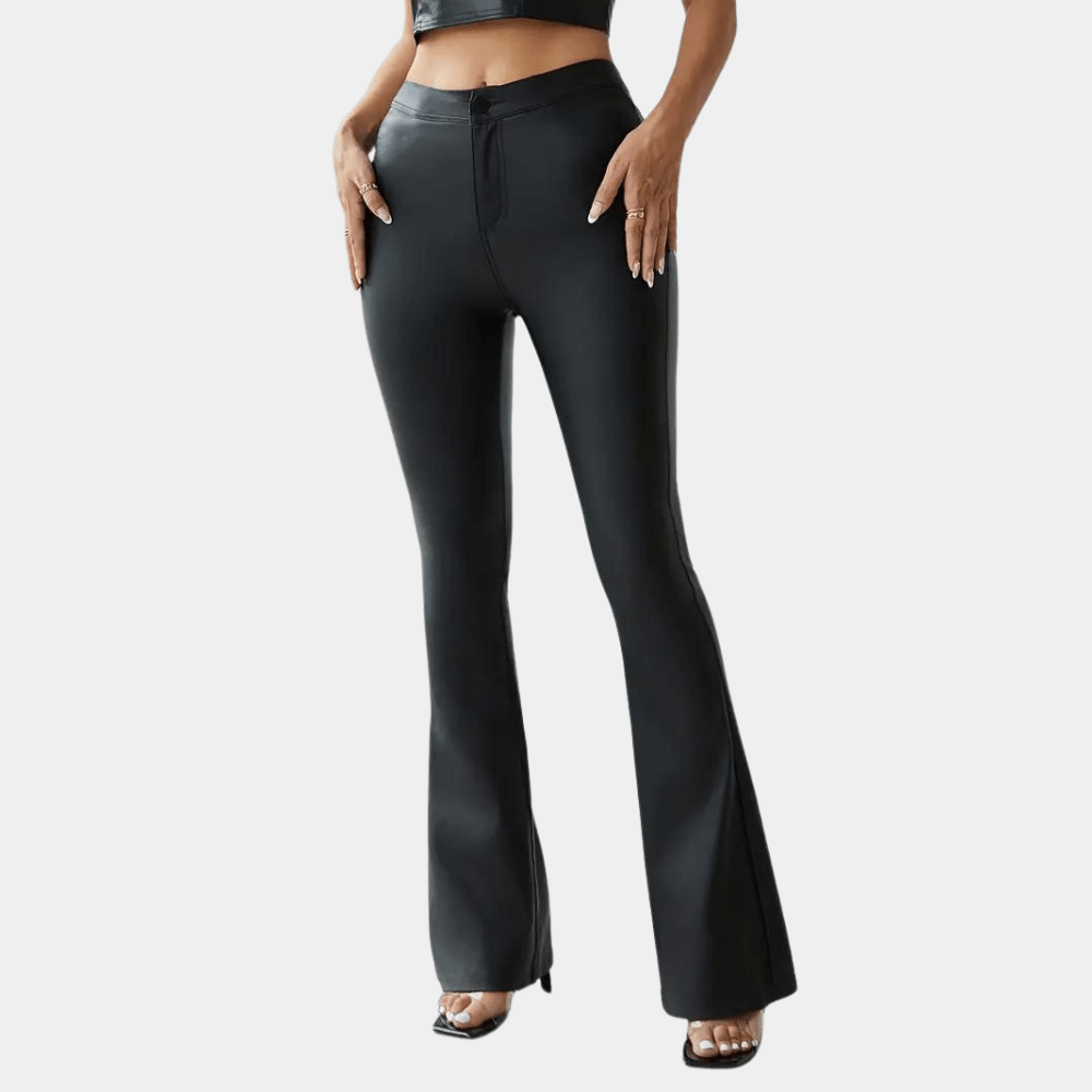 Ada | High Waisted Fitted Faux Leather Pockets Split Autumn Flared Trousers Women