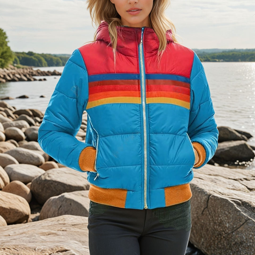 Sofia | Striped Quilted Hooded Winter Zip Up Bomber Jacket Women