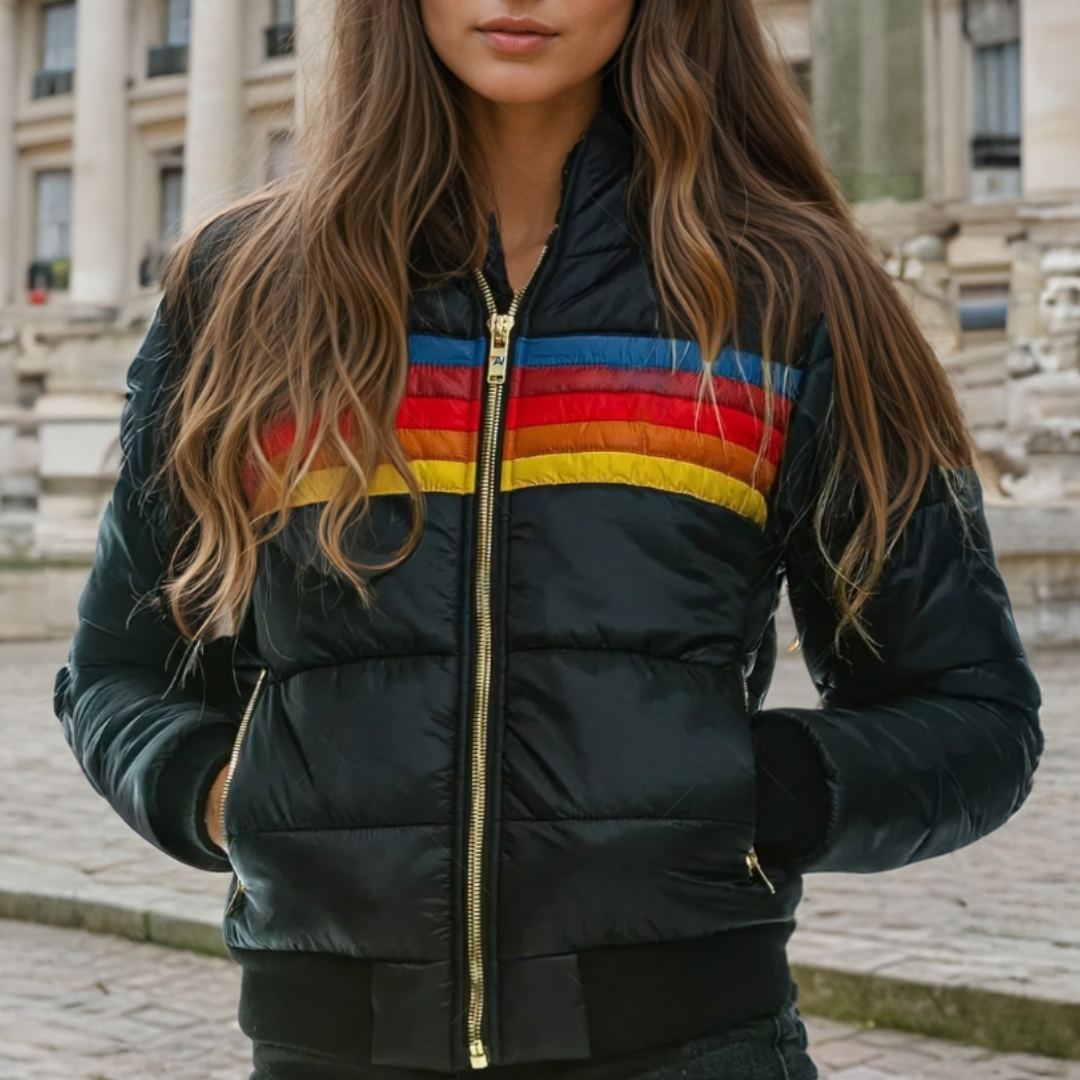 Sofia | Striped Quilted Hooded Winter Zip Up Bomber Jacket Women
