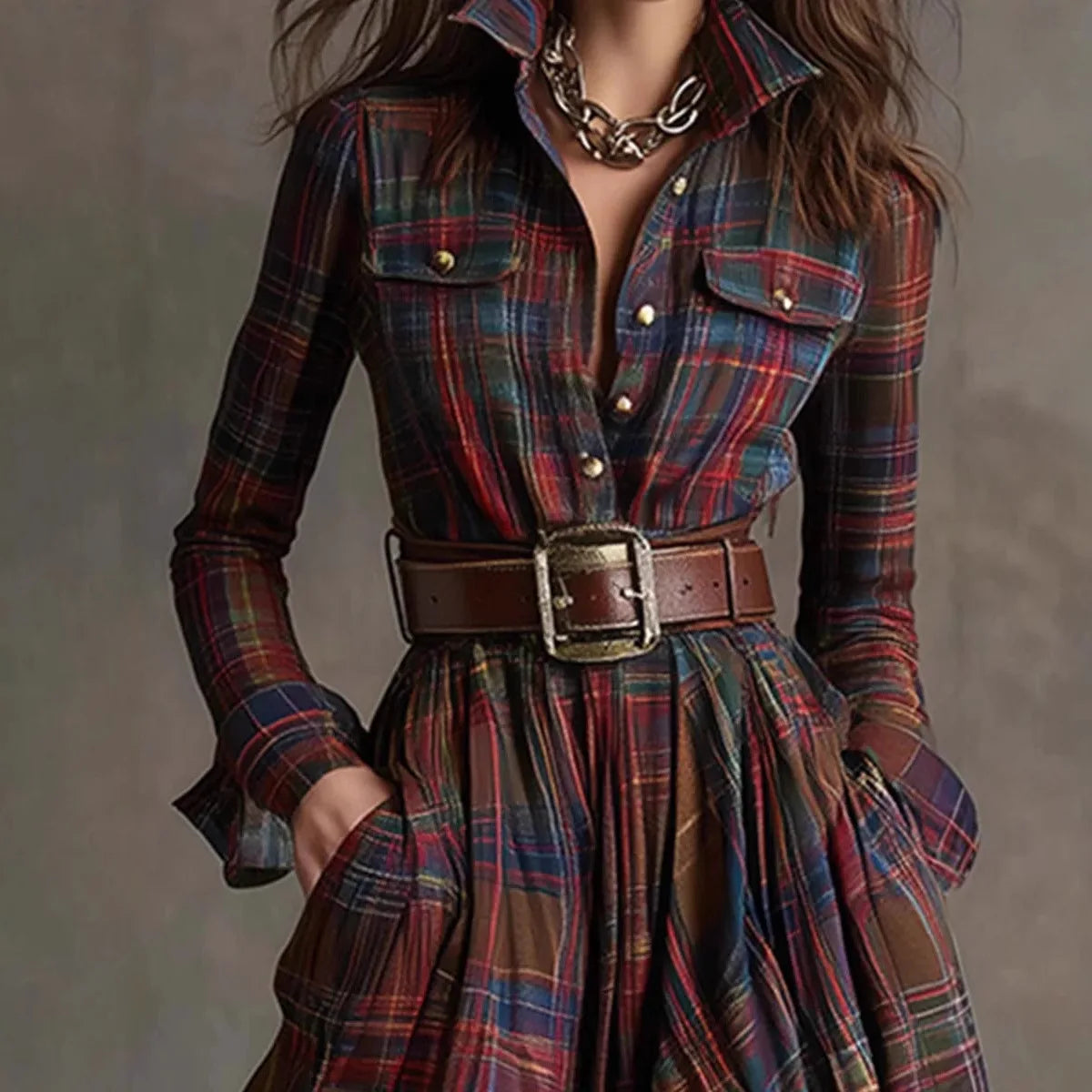 Keira | Tartan Checked Collared Belted Autumn Long Sleeve Maxi Shirt Dress Ladies