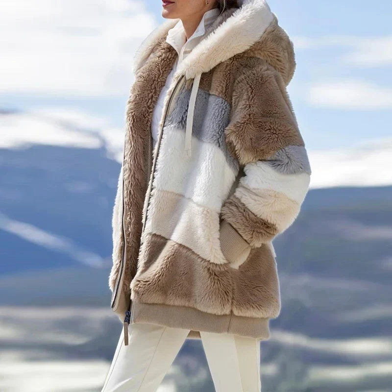Bea | Teddy Colour Block Oversized Hooded Pockets Longline Winter Coat Women