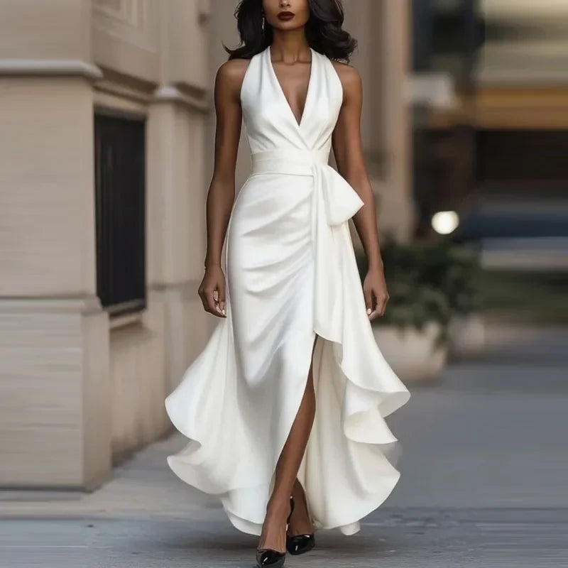 Suki | Halter Bow Ruffle Ruched Satin Wrap Slit Maxi Occasion Evening Dress Women