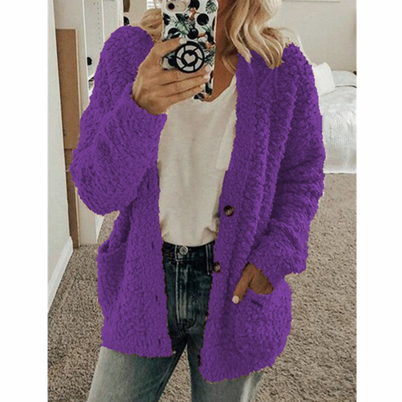 Lacey | Oversized Buttoned Borg Fleece Pocket Winter Long Jacket Teddy Coat Women