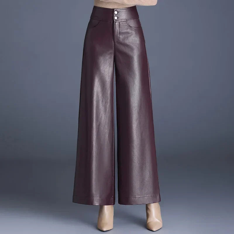 Vida | High Waisted Tailored Zip Pockets Buttoned Faux Leather Wide Leg Trousers Women
