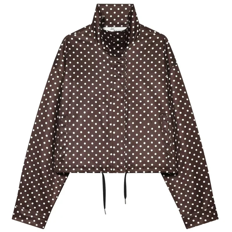 Etta | Polka Dot Drawstring Oversized Cropped Funnel Neck Zip Up Windbreaker Jacket Women