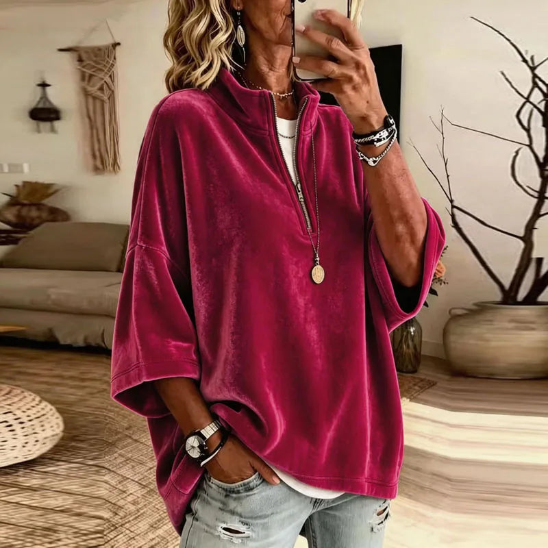 Rhea | Velvet Funnel Neck Quarter Zip Drop Shoulder Oversized Sweatshirt Women