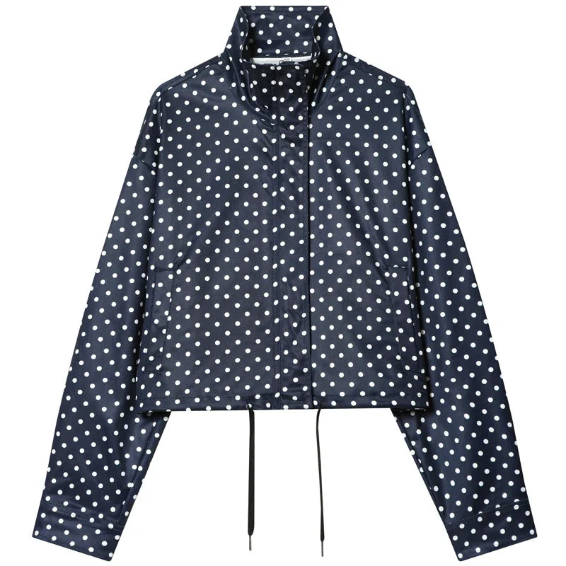 Etta | Polka Dot Drawstring Oversized Cropped Funnel Neck Zip Up Windbreaker Jacket Women
