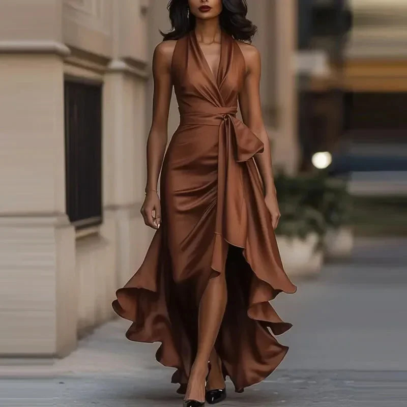 Suki | Halter Bow Ruffle Ruched Satin Wrap Slit Maxi Occasion Evening Dress Women