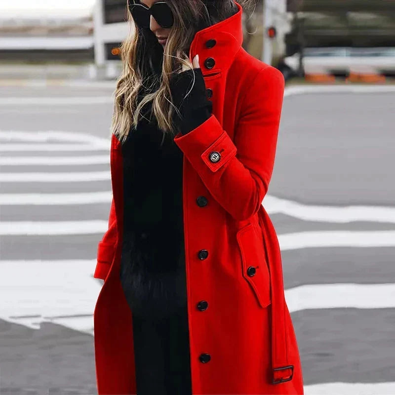 Fern | Single Breasted Belted Buckle Funnel Neck Pocket Autumn Smart Long Trench Coat Ladies