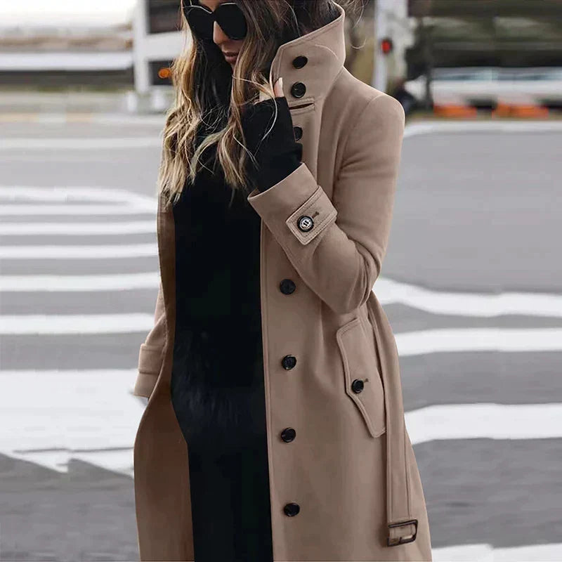 Fern | Single Breasted Belted Buckle Funnel Neck Pocket Autumn Smart Long Trench Coat Ladies