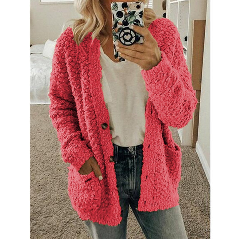 Lacey | Oversized Buttoned Borg Fleece Pocket Winter Long Jacket Teddy Coat Women