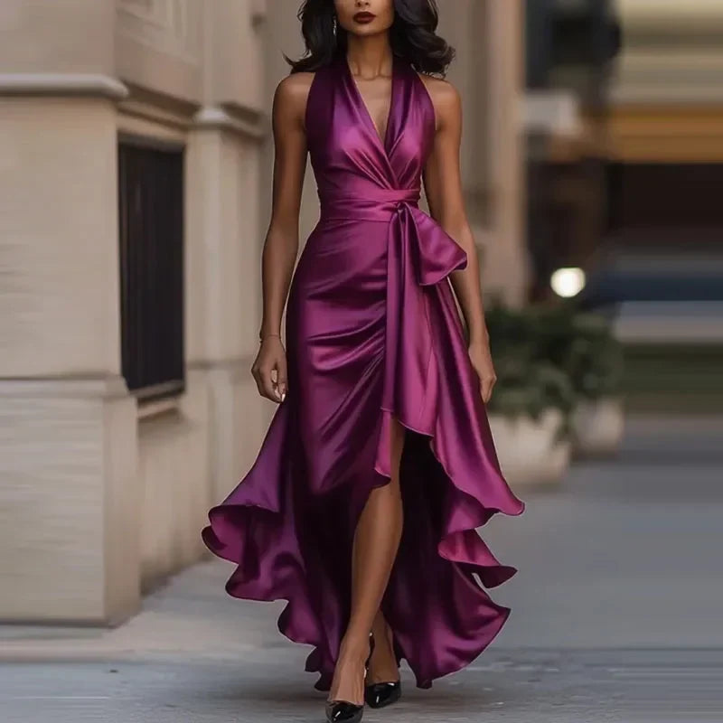 Suki | Halter Bow Ruffle Ruched Satin Wrap Slit Maxi Occasion Evening Dress Women