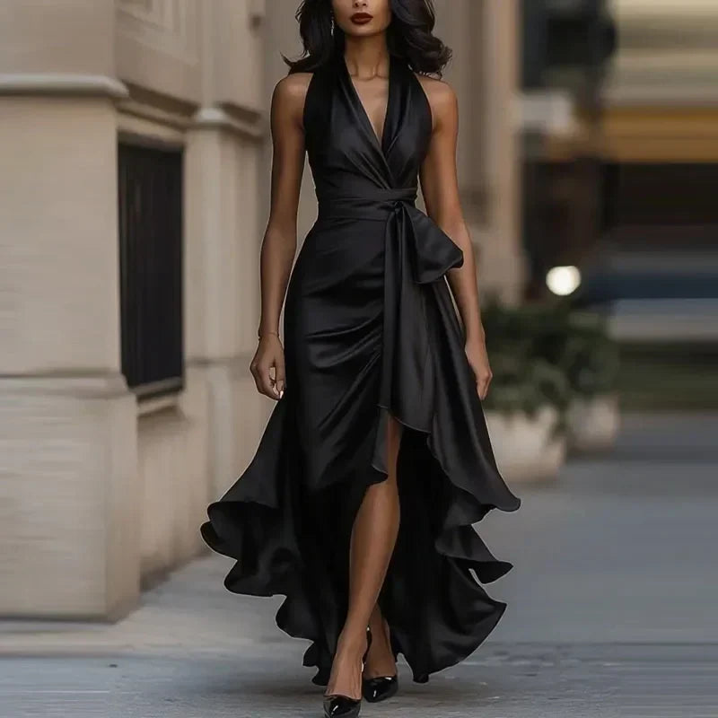 Suki | Halter Bow Ruffle Ruched Satin Wrap Slit Maxi Occasion Evening Dress Women