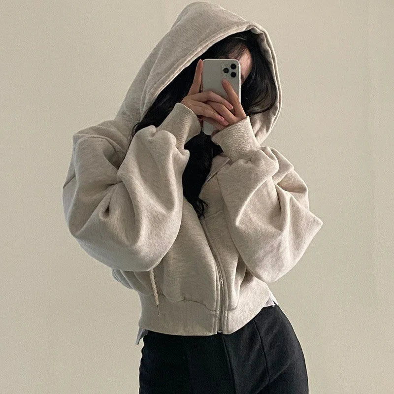 Mila | Zip Up Drawstring Fleece Cropped Oversized Pockets Autumn Hoodie Women