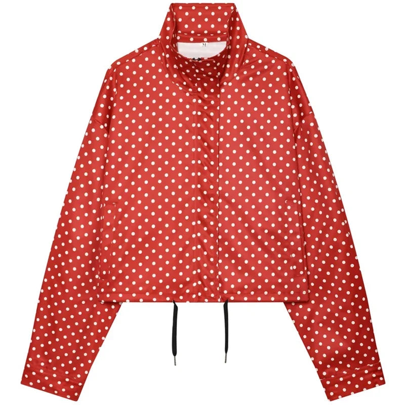 Etta | Polka Dot Drawstring Oversized Cropped Funnel Neck Zip Up Windbreaker Jacket Women
