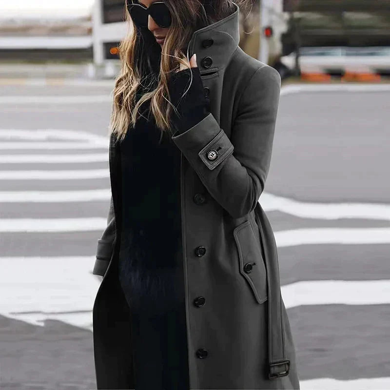 Fern | Single Breasted Belted Buckle Funnel Neck Pocket Autumn Smart Long Trench Coat Ladies