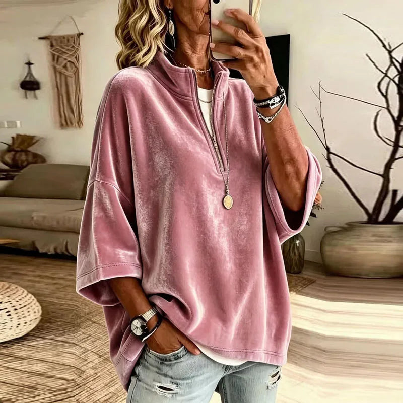 Rhea | Velvet Funnel Neck Quarter Zip Drop Shoulder Oversized Sweatshirt Women