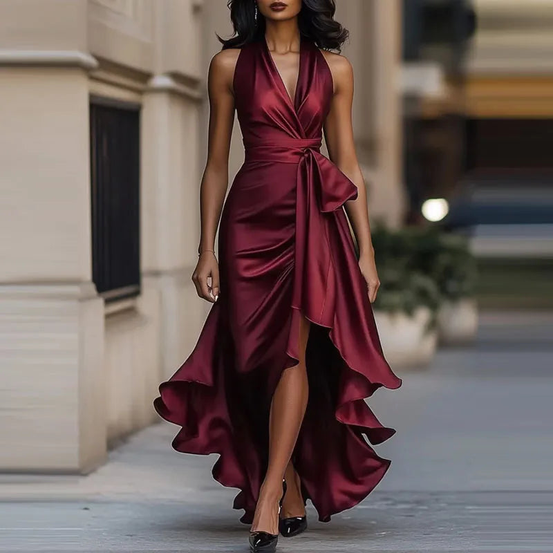 Suki | Halter Bow Ruffle Ruched Satin Wrap Slit Maxi Occasion Evening Dress Women