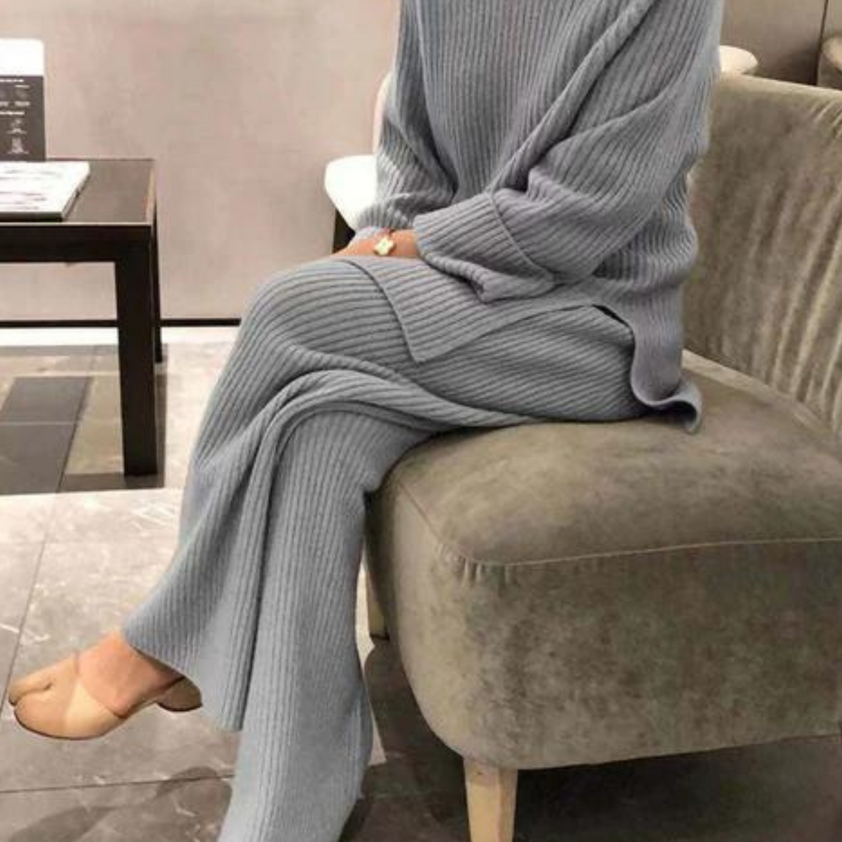 Edie | Ribbed Knitted Long Sleeve Oversized Autumn Winter Wide Leg Trouser Co Ord Set Women