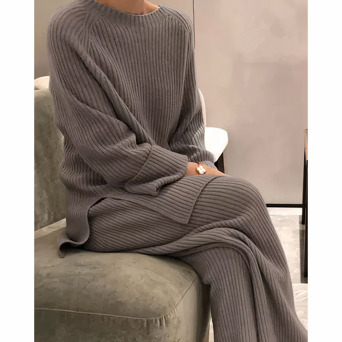 Edie | Ribbed Knitted Long Sleeve Oversized Autumn Winter Wide Leg Trouser Co Ord Set Women