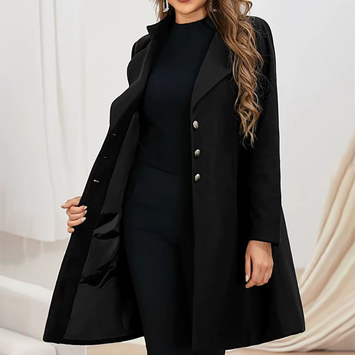 Mid-Length Lapel Coat with Button Front - Black