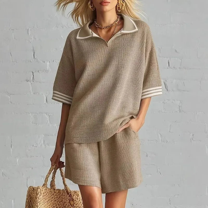 Gabi | Ribbed Knitted Collared Oversized Loose Striped Shorts Co Ord Set Women