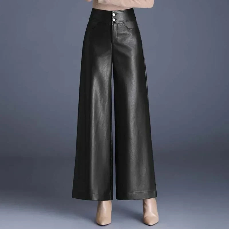 Vida | High Waisted Tailored Zip Pockets Buttoned Faux Leather Wide Leg Trousers Women