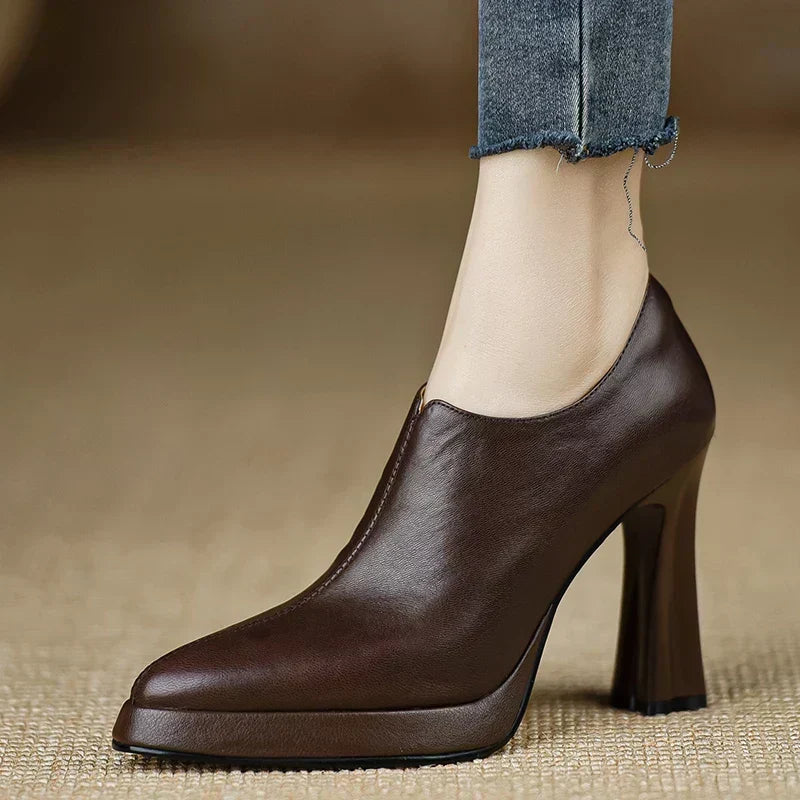 Lia | Platform Heeled Pointed Toe Zip Up Faux Leather Ankle Boots Women