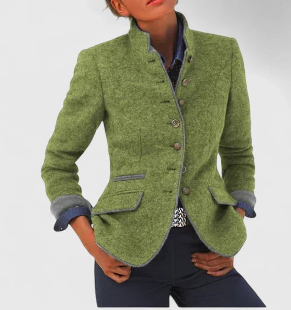Tweed Wool Jacket with Stand Collar - Taupe