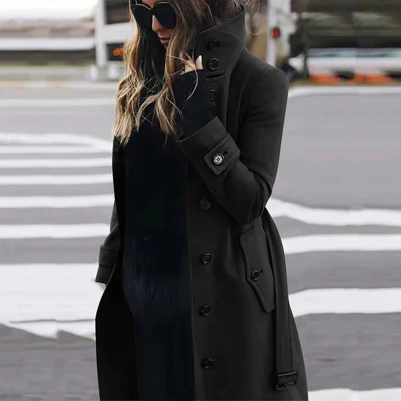 Fern | Single Breasted Belted Buckle Funnel Neck Pocket Autumn Smart Long Trench Coat Ladies
